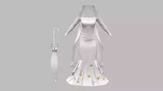 Wedding Dress With Long Veil Cape Umbrella Accessory Low-poly 3D model