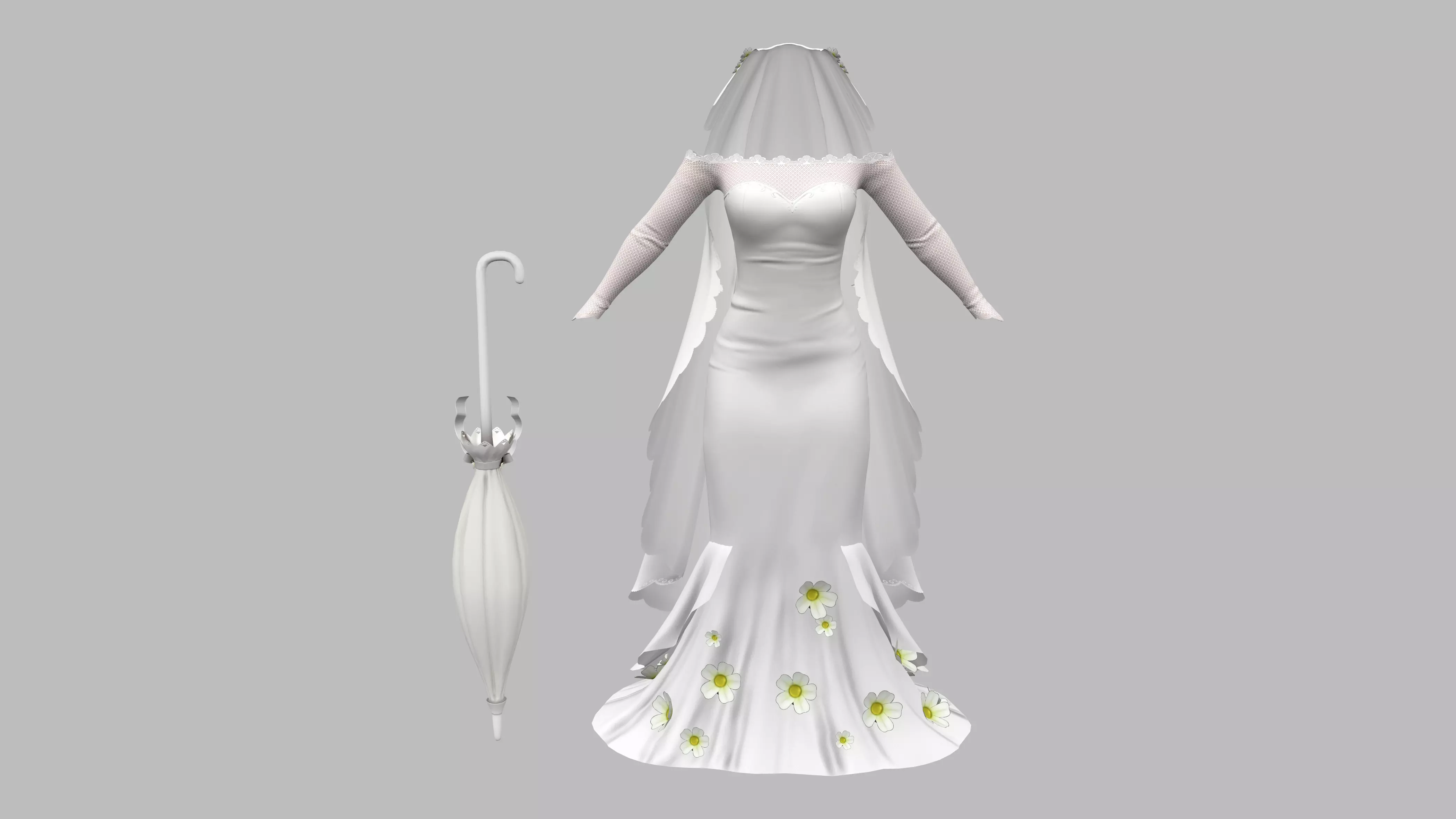 Wedding Dress With Long Veil Cape Umbrella Accessory Low-poly 3D model_0