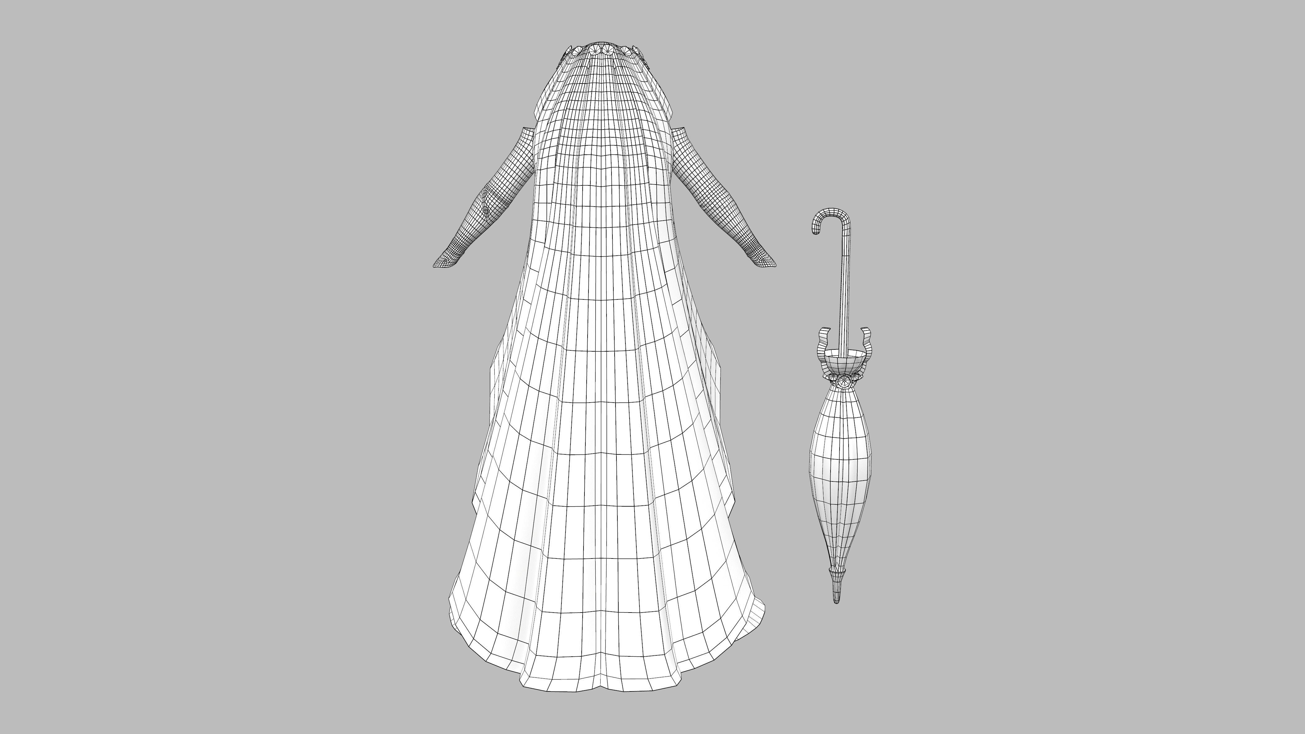 Wedding Dress With Long Veil Cape Umbrella Accessory Low-poly 3D model_8