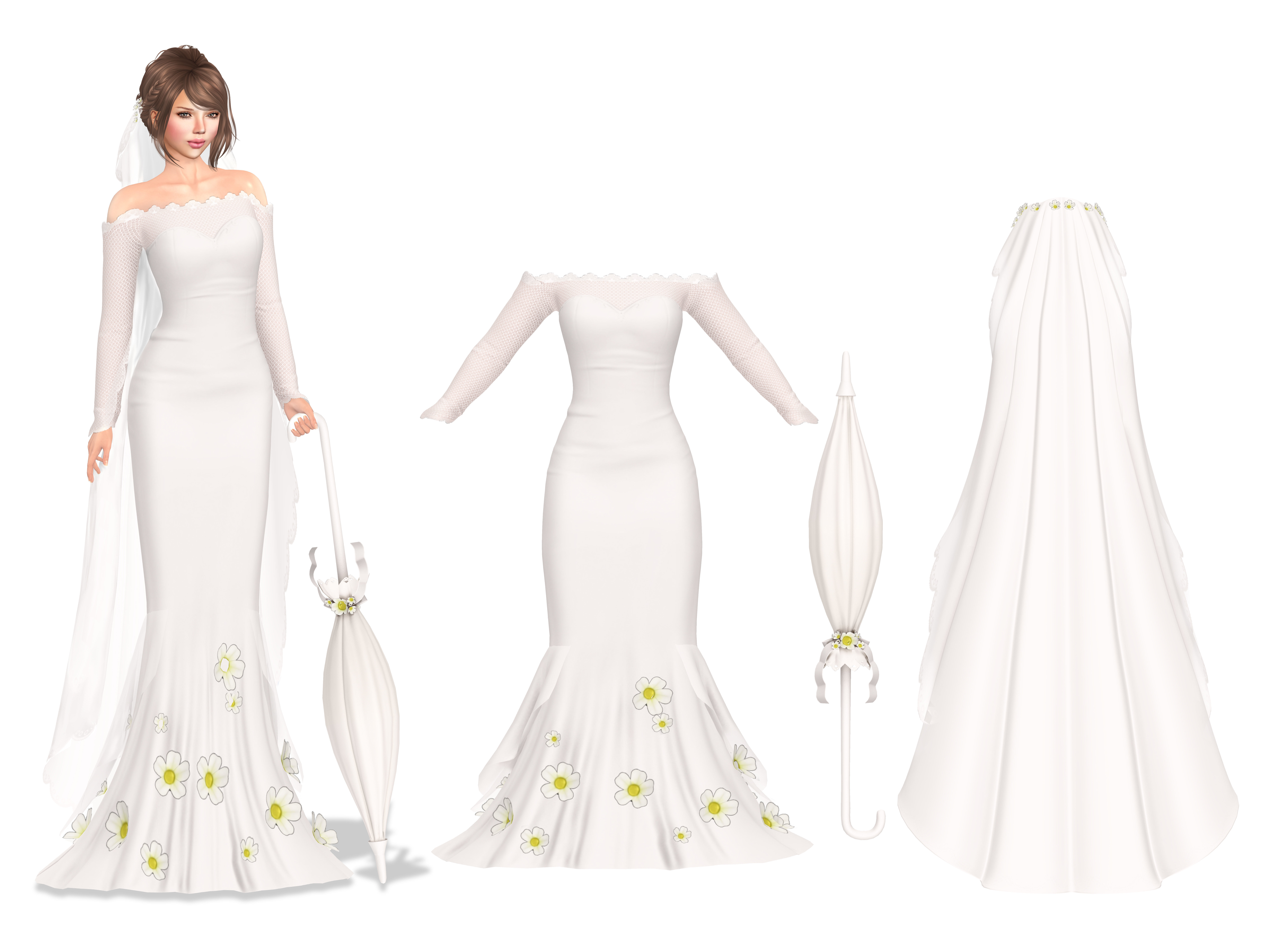 Wedding Dress With Long Veil Cape Umbrella Accessory Low-poly 3D model_2
