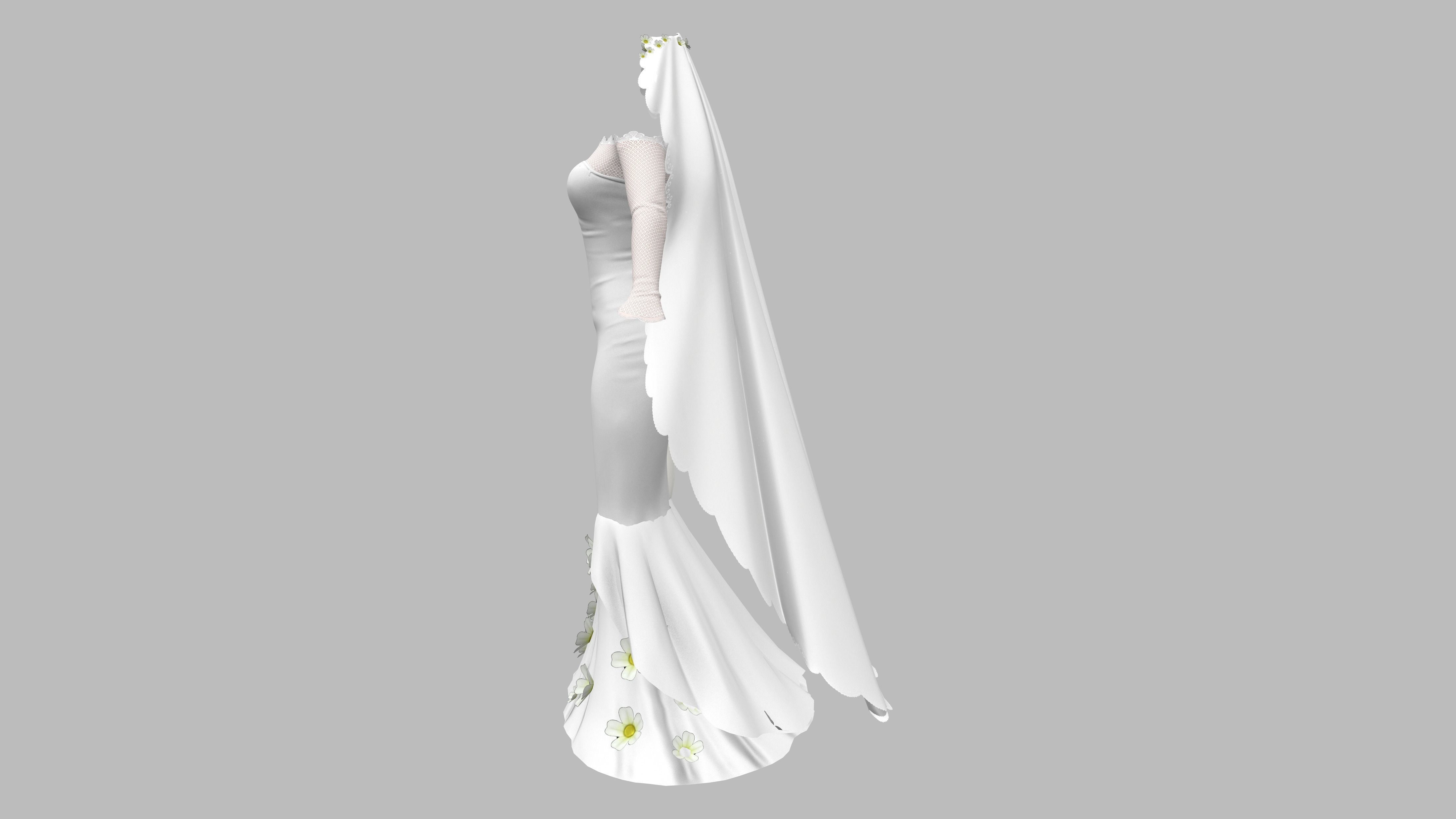 Wedding Dress With Long Veil Cape Umbrella Accessory Low-poly 3D model_4