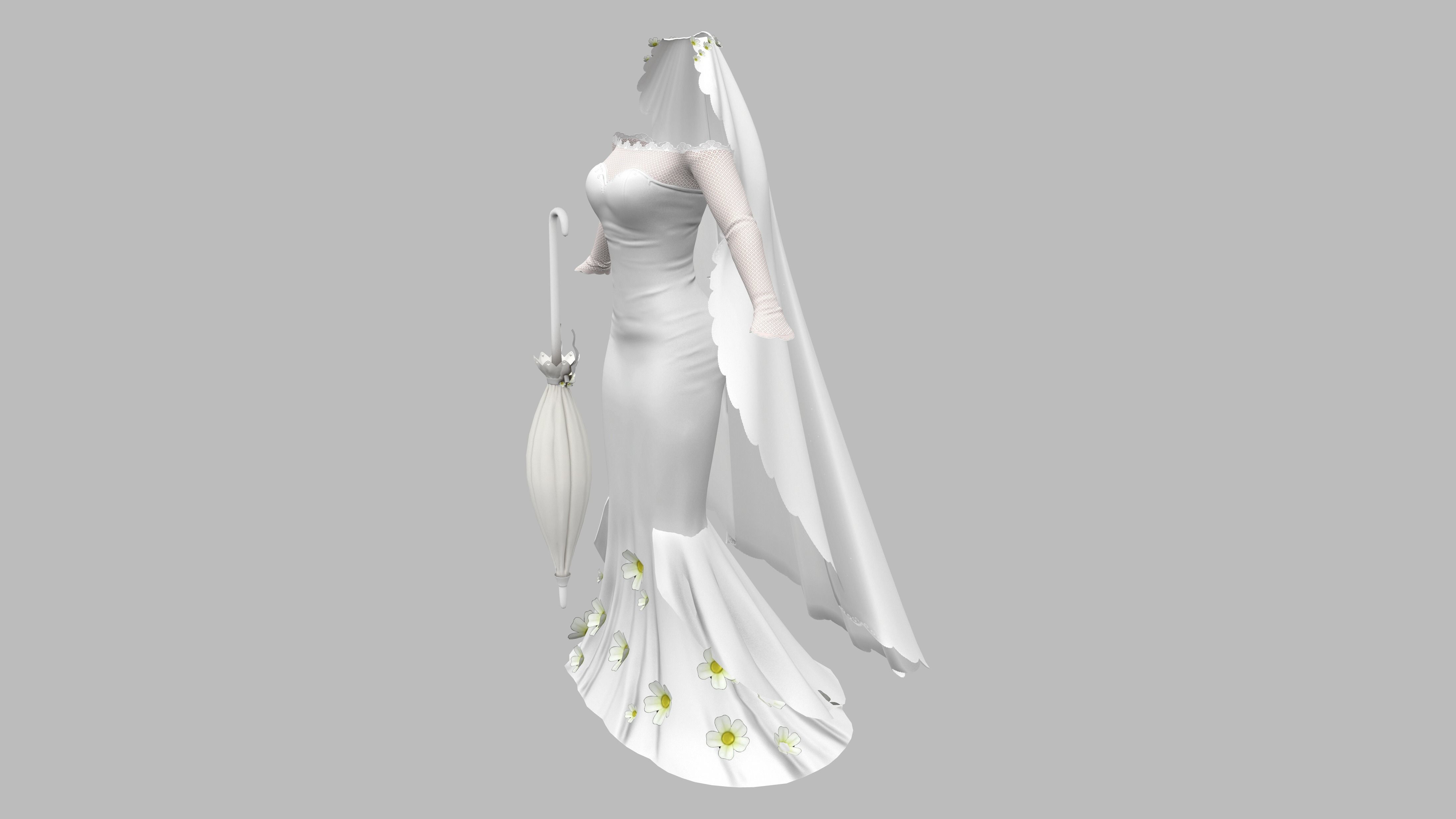 Wedding Dress With Long Veil Cape Umbrella Accessory Low-poly 3D model_3