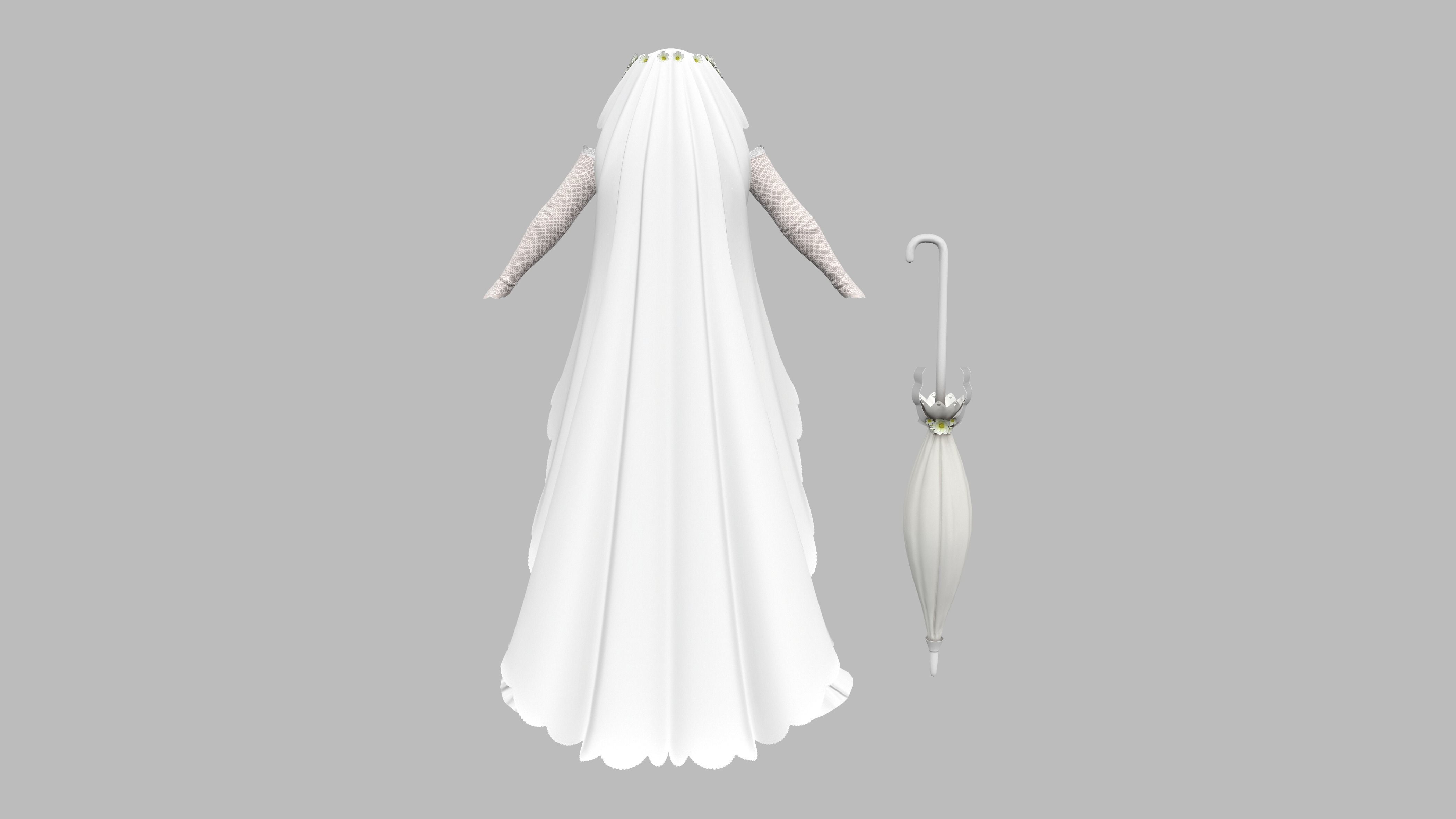 Wedding Dress With Long Veil Cape Umbrella Accessory Low-poly 3D model_5