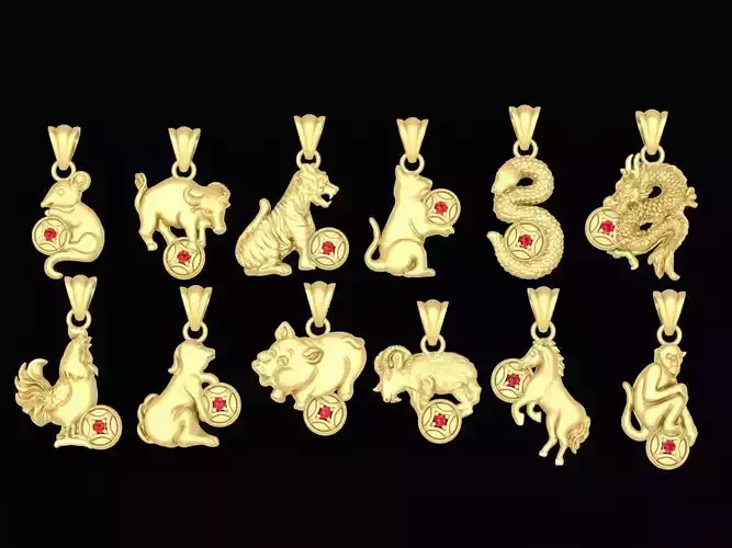 Set of 12 Chinese Zodiac Pendants for Women 3596 3D print model
