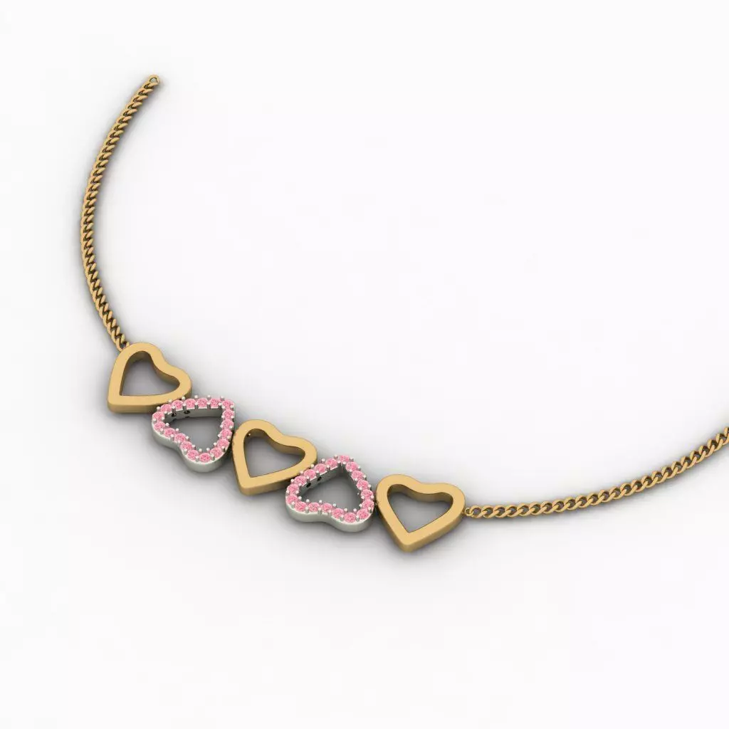 Hanging gold necklace with hearts and diamonds 3D print model