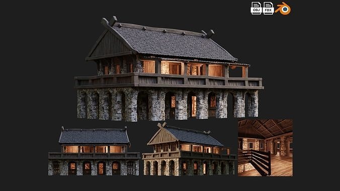 4 Old Medieval Building House Pack 4K Tex GameReady 41 to 44 Low-poly 3D model 3