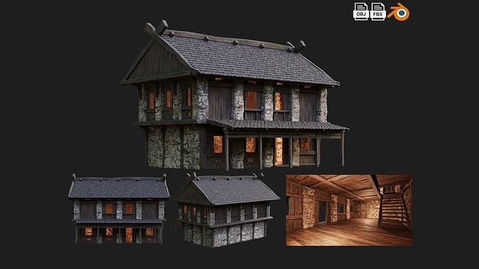 4 Old Medieval Building House Pack 4K Tex GameReady 41 to 44 Low-poly 3D model 4