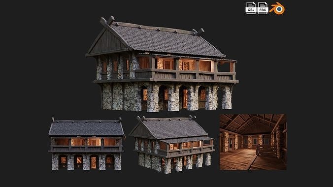 4 Old Medieval Building House Pack 4K Tex GameReady 41 to 44 Low-poly 3D model 2
