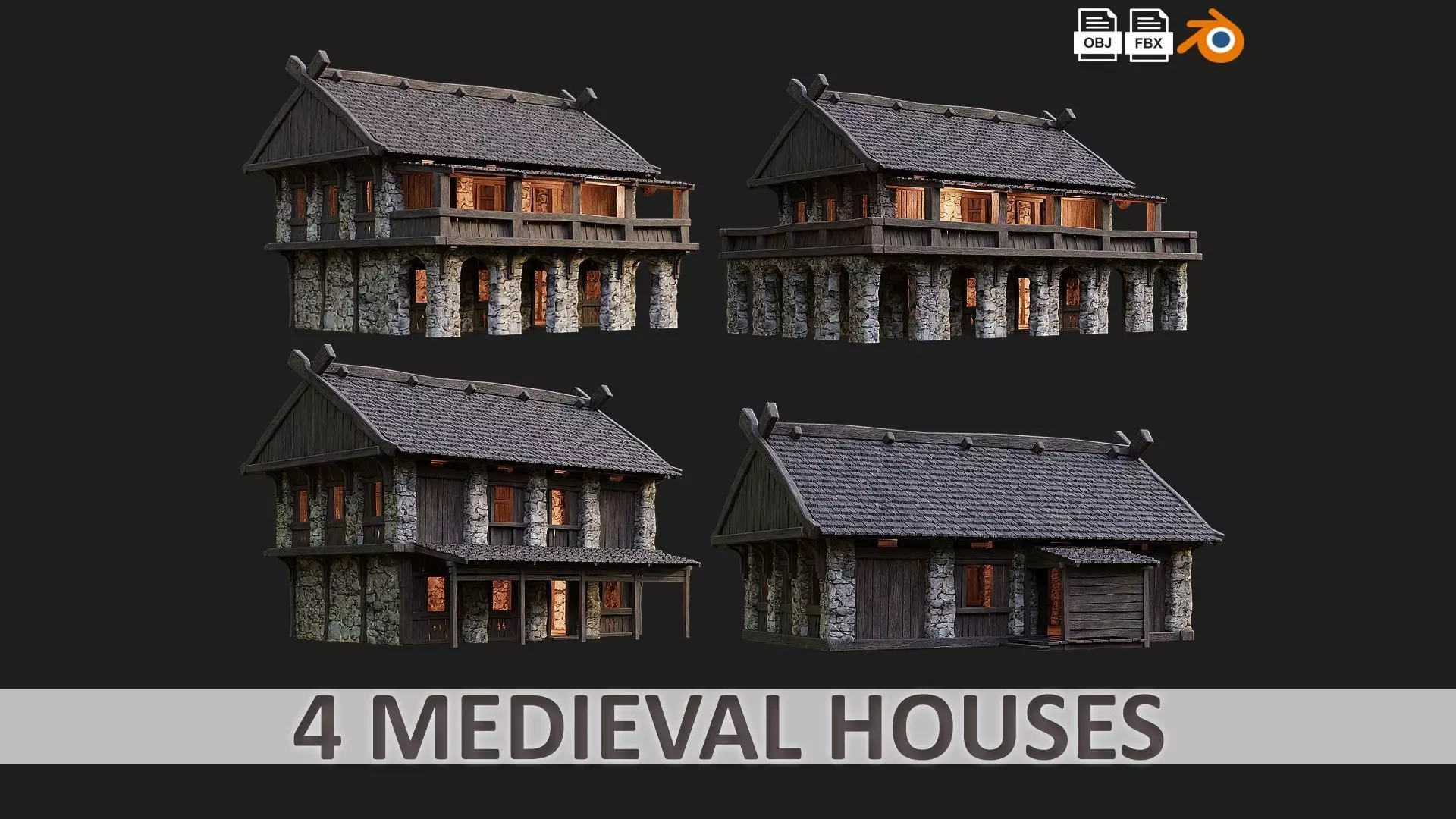 4 Old Medieval Building House Pack 4K Tex GameReady 41 to 44 Low-poly 3D model