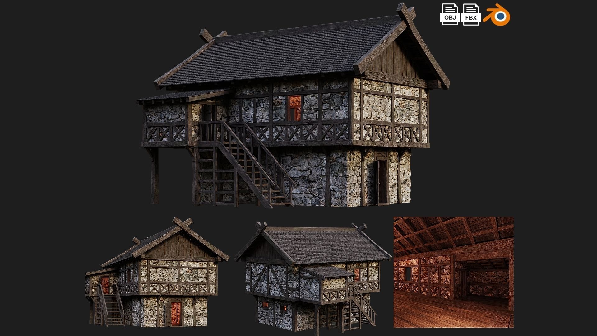 4 Old Medieval Building House Pack 4K Tex GameReady 45 to 48 Low-poly 3D model_3
