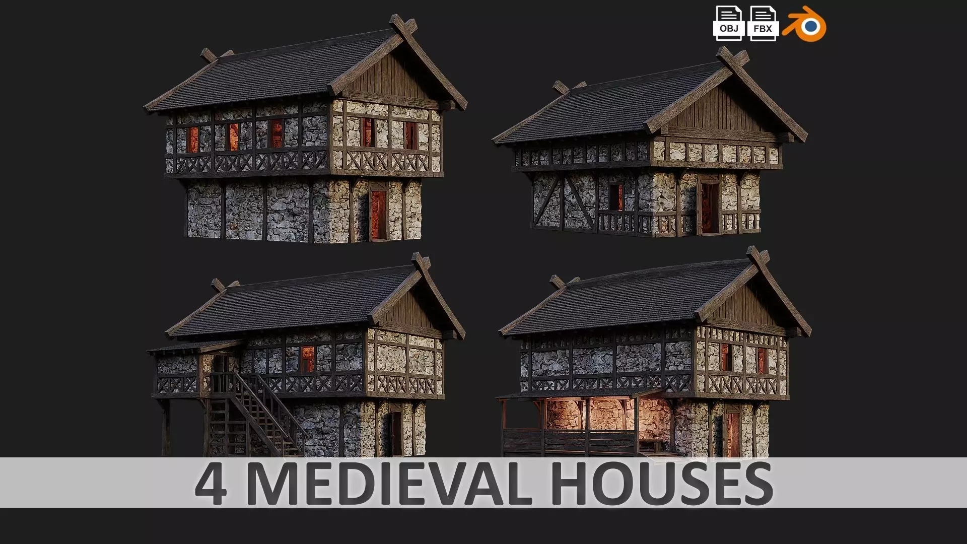 4 Old Medieval Building House Pack 4K Tex GameReady 45 to 48 Low-poly 3D model_0