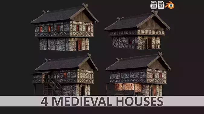 4 Old Medieval Building House Pack 4K Tex GameReady 45 to 48