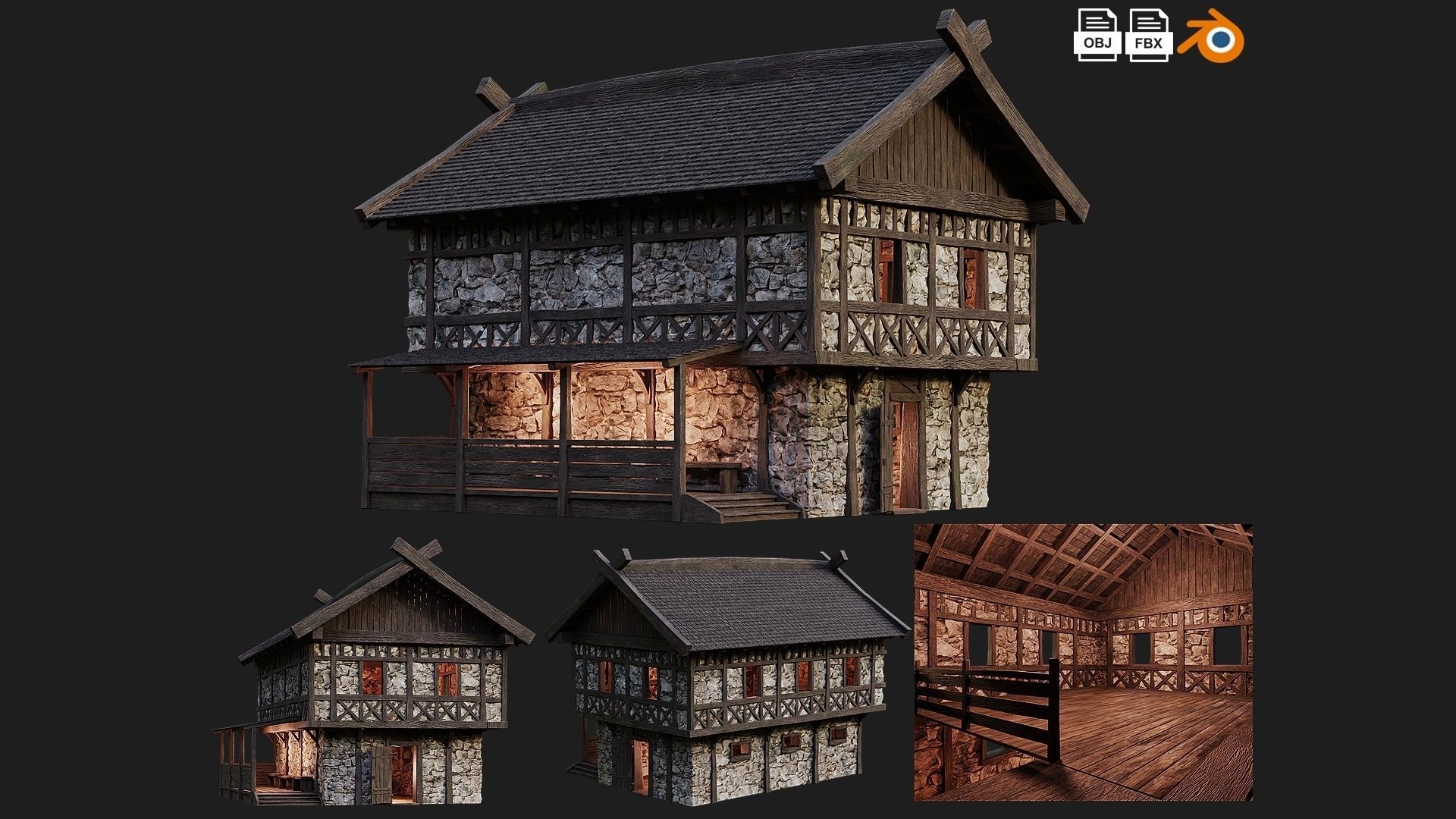 4 Old Medieval Building House Pack 4K Tex GameReady 45 to 48 Low-poly 3D model_4