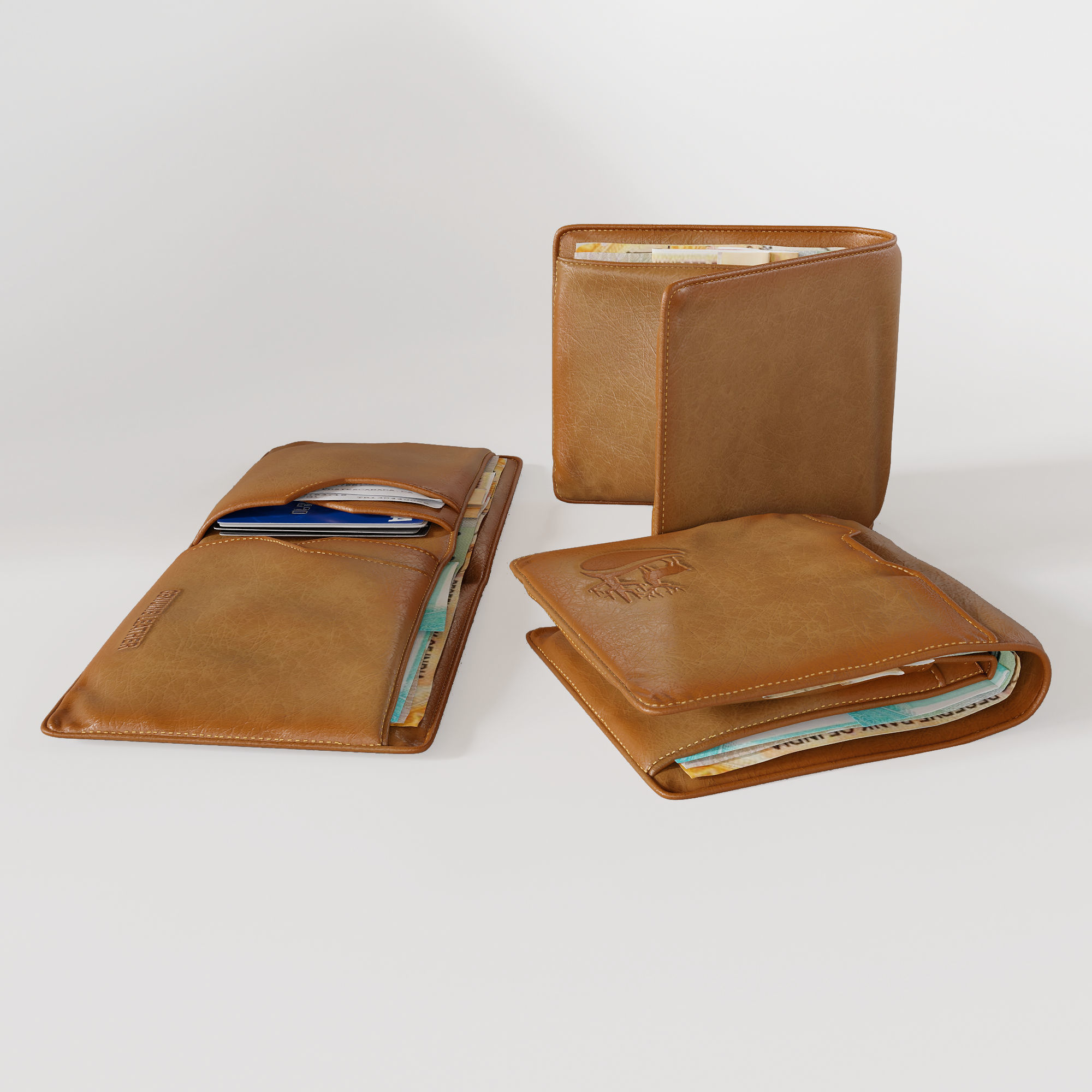 Wallet three tan leather wallets 3D model_1