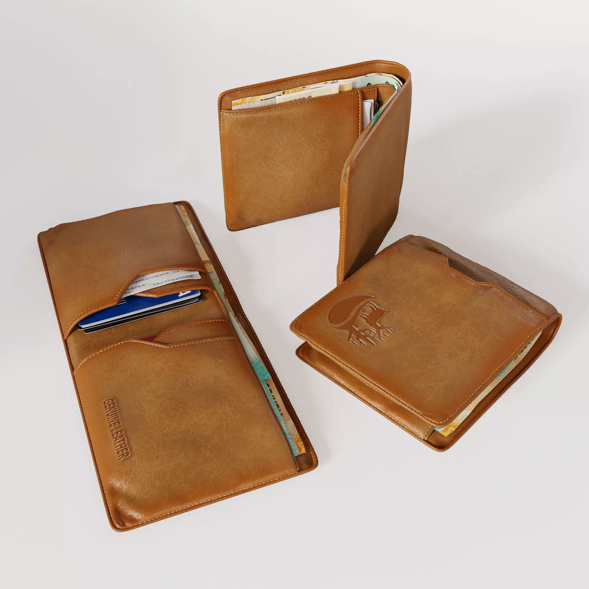 Wallet three tan leather wallets 3D model_0