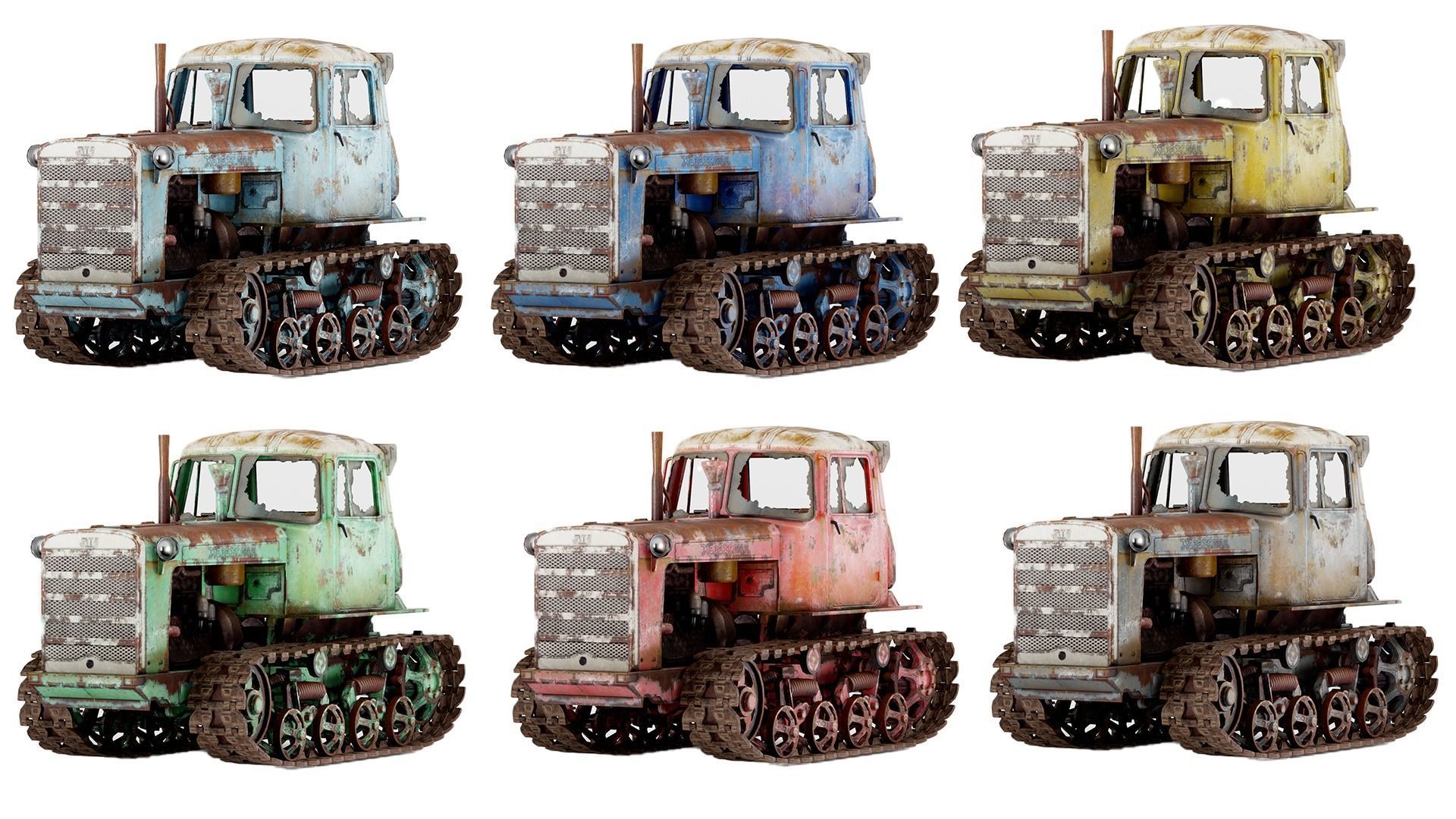 set of DT-75 rusted diesel tractor in 6 color variants iv7 Low-poly 3D model_1