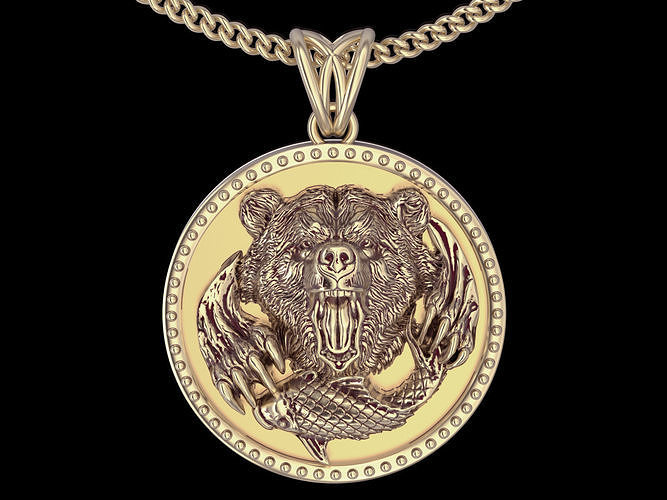 Bear hunting fish pendant  gold jewelry printable 3D model 3D print model