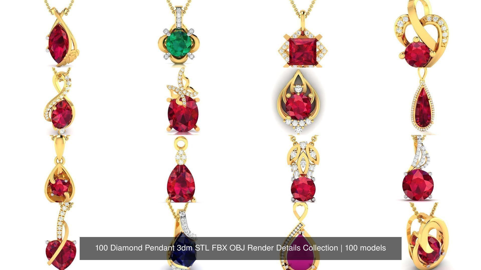 100 Diamond Pendant 3dm STL FBX OBJ Render Details Collection _11