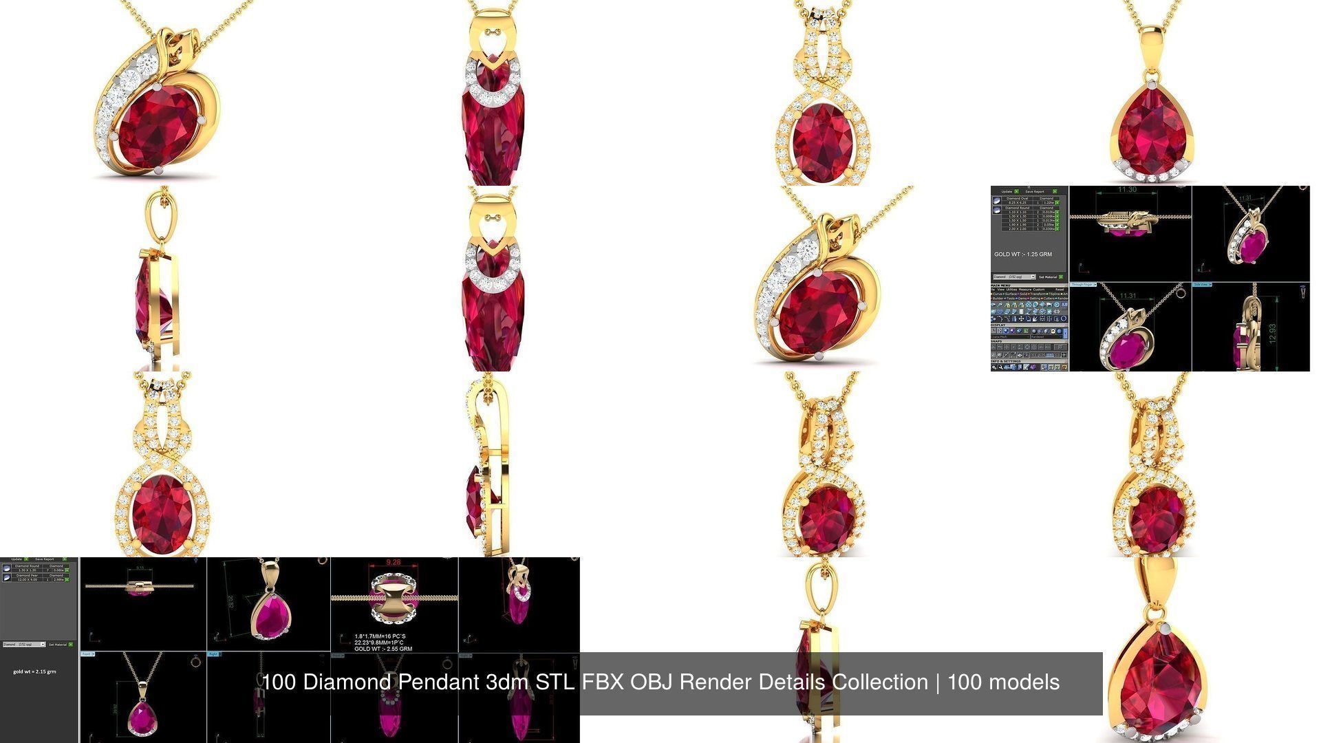 100 Diamond Pendant 3dm STL FBX OBJ Render Details Collection _12
