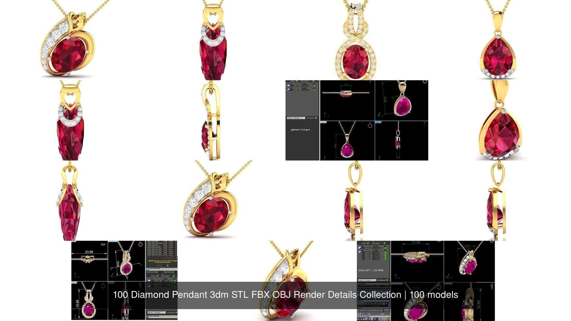 100 Diamond Pendant 3dm STL FBX OBJ Render Details Collection _18