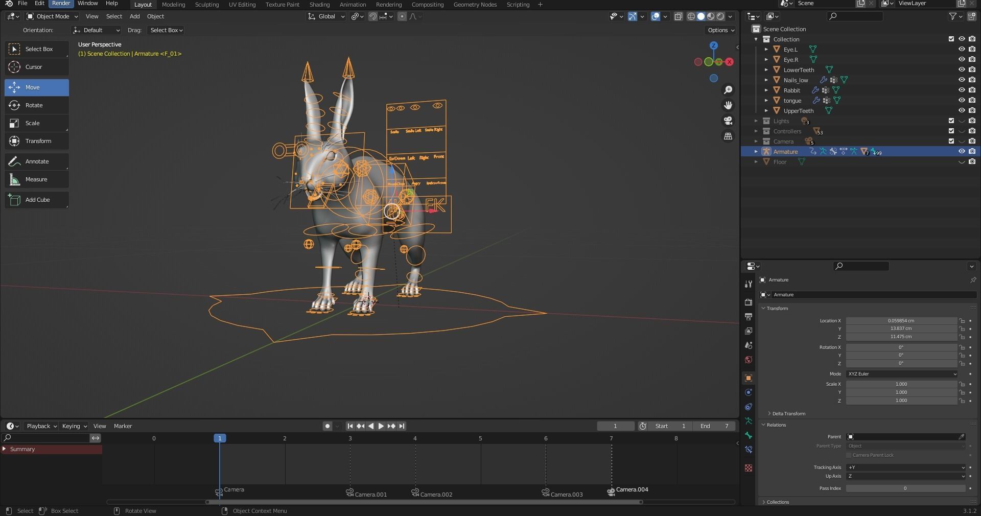 Fur Rabbit Gray V05 Rigged and Animation Low-poly 3D model_10