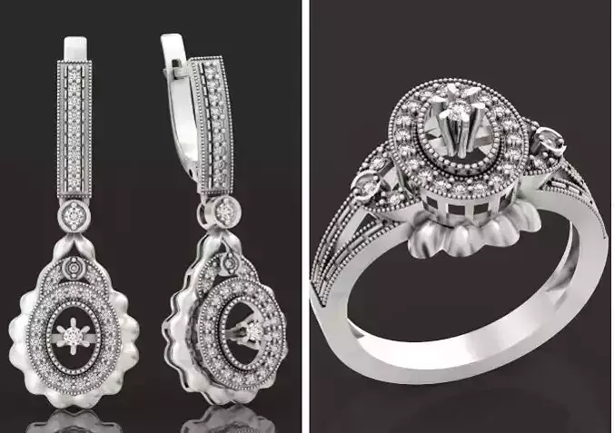 set luxury vintage earrings and ring with stones