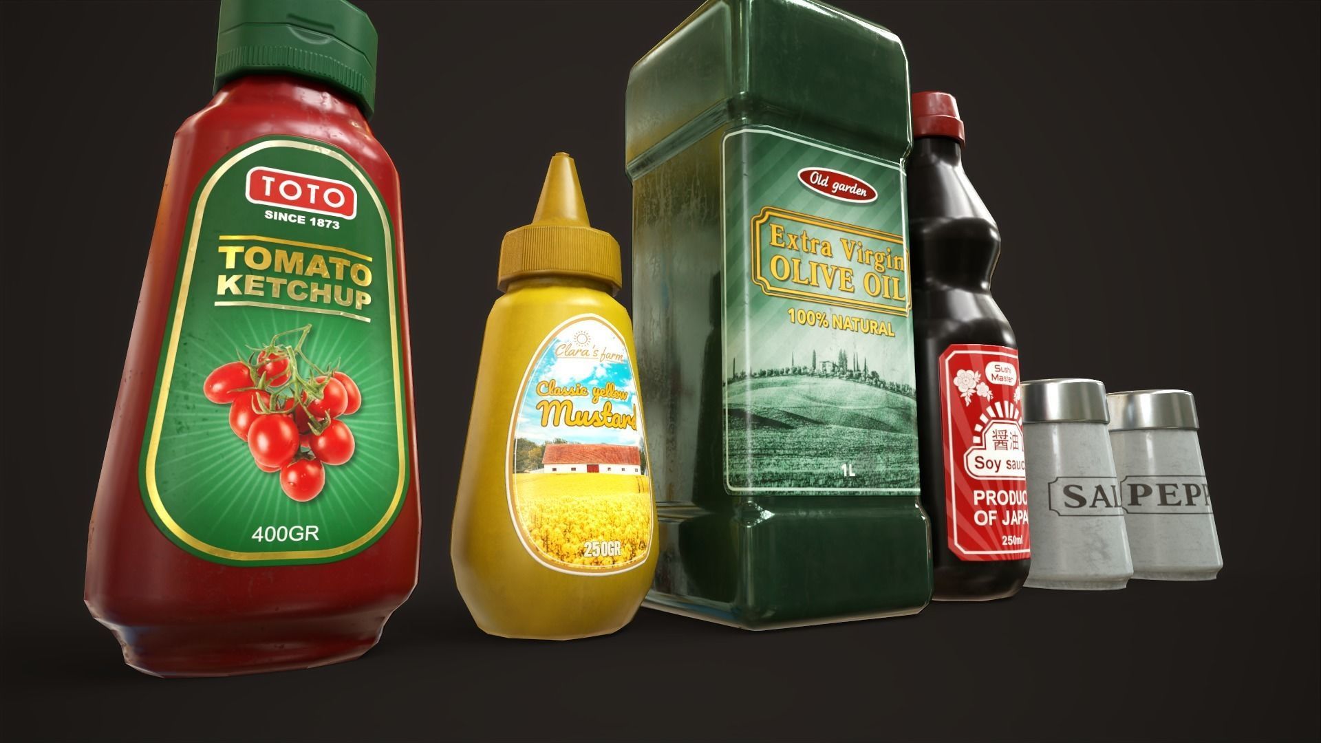 Grocery set ketchup mustard oil salt pepper soy sauce Low-poly 3D model_9