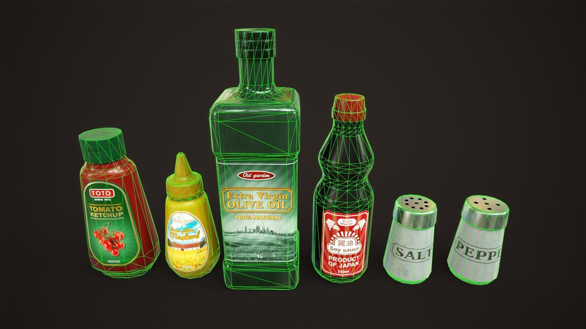 Grocery set ketchup mustard oil salt pepper soy sauce Low-poly 3D model_2