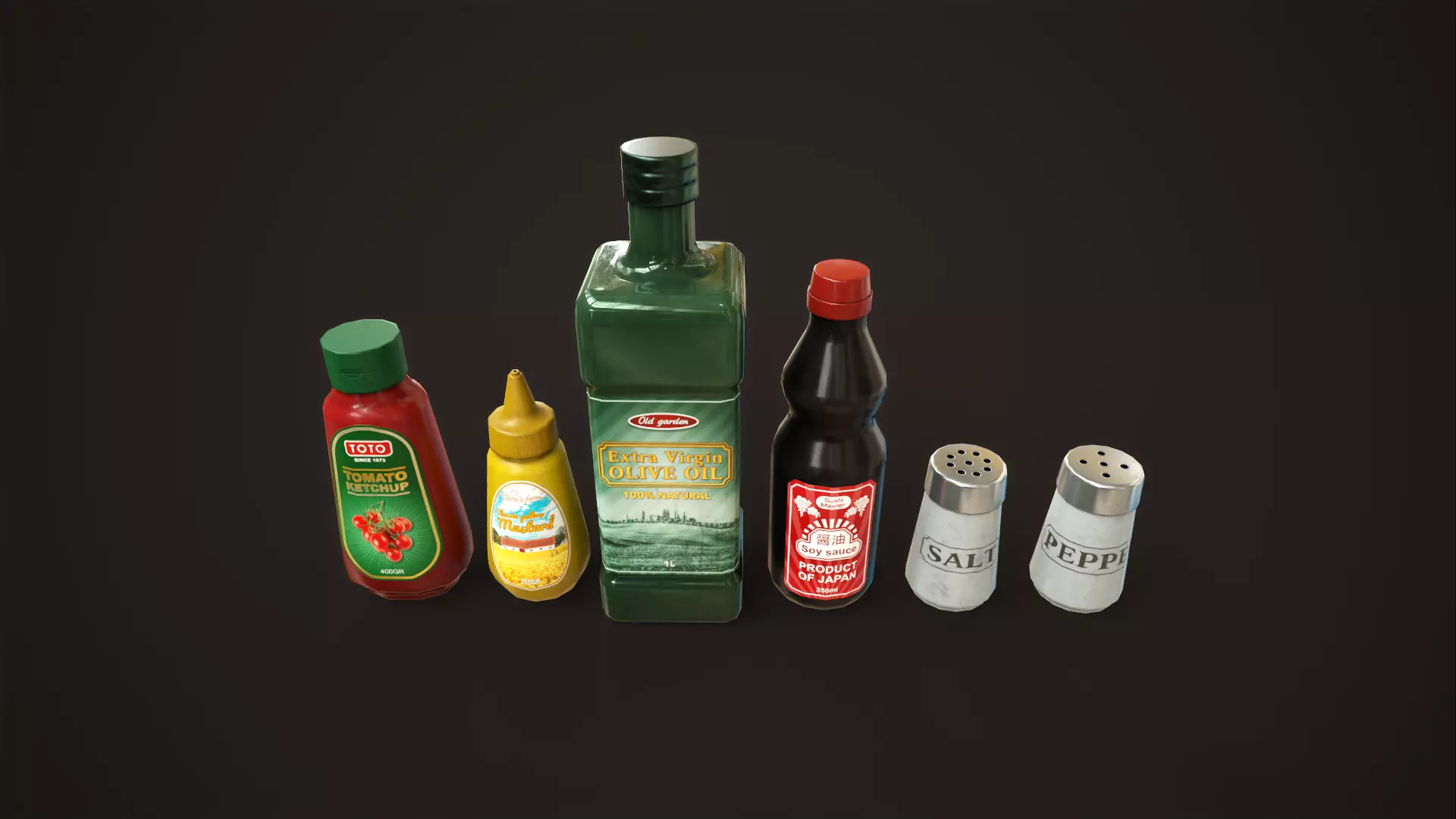 Grocery set ketchup mustard oil salt pepper soy sauce Low-poly 3D model_0