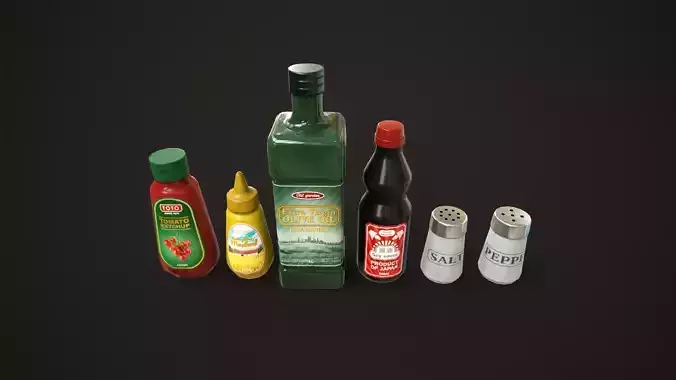 Grocery set ketchup mustard oil salt pepper soy sauce Low-poly 3D model