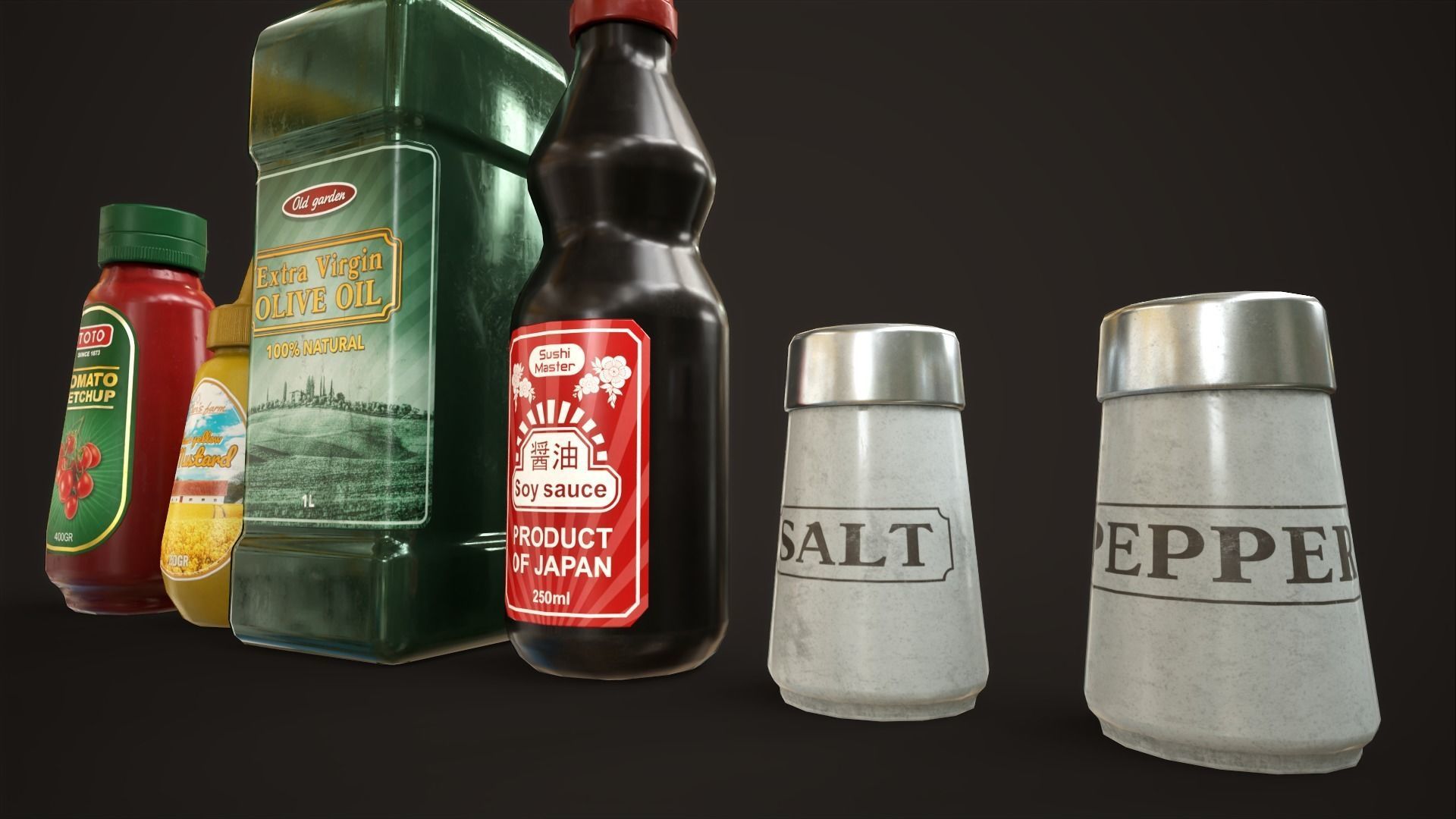 Grocery set ketchup mustard oil salt pepper soy sauce Low-poly 3D model_10