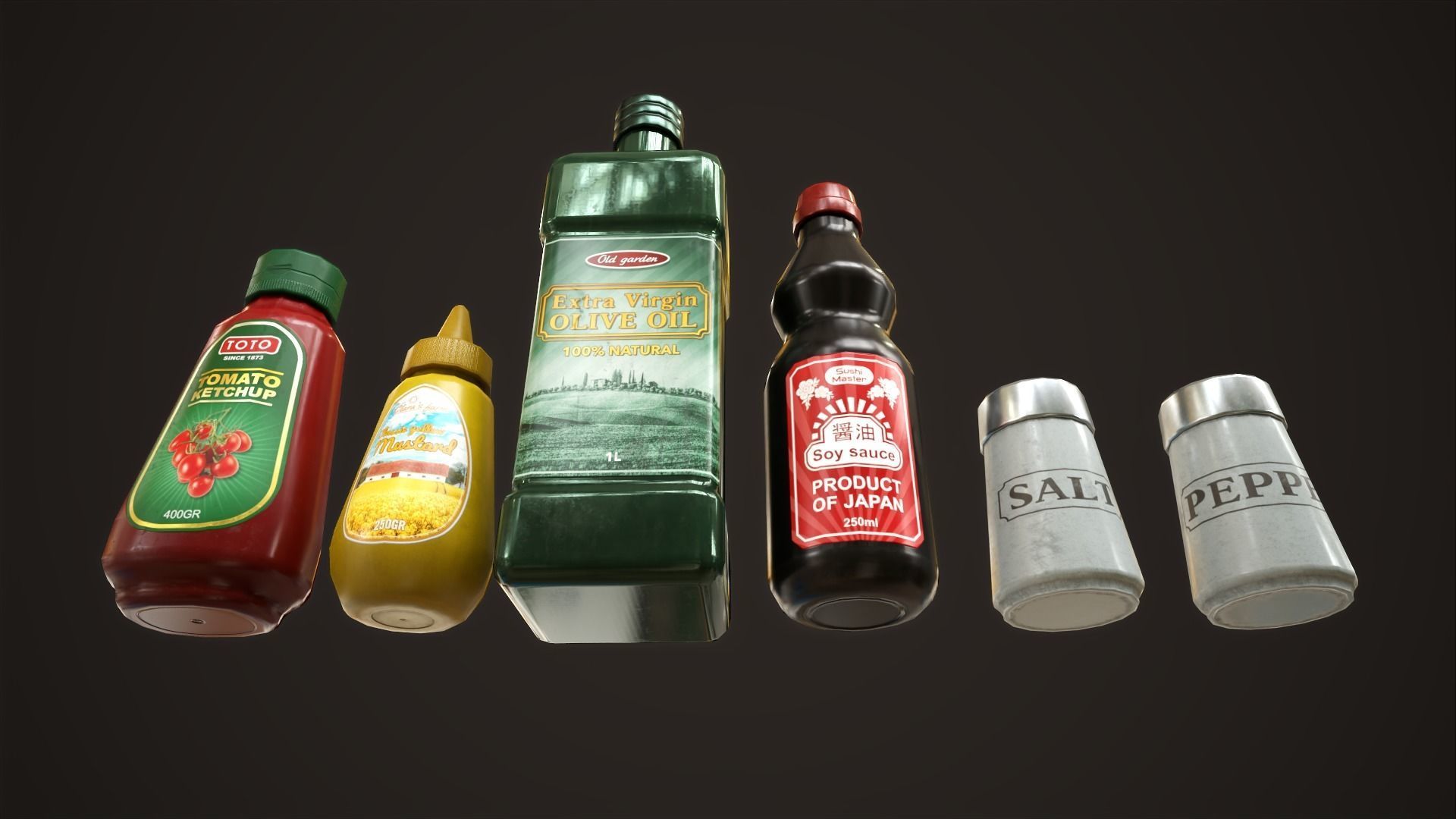 Grocery set ketchup mustard oil salt pepper soy sauce Low-poly 3D model_8