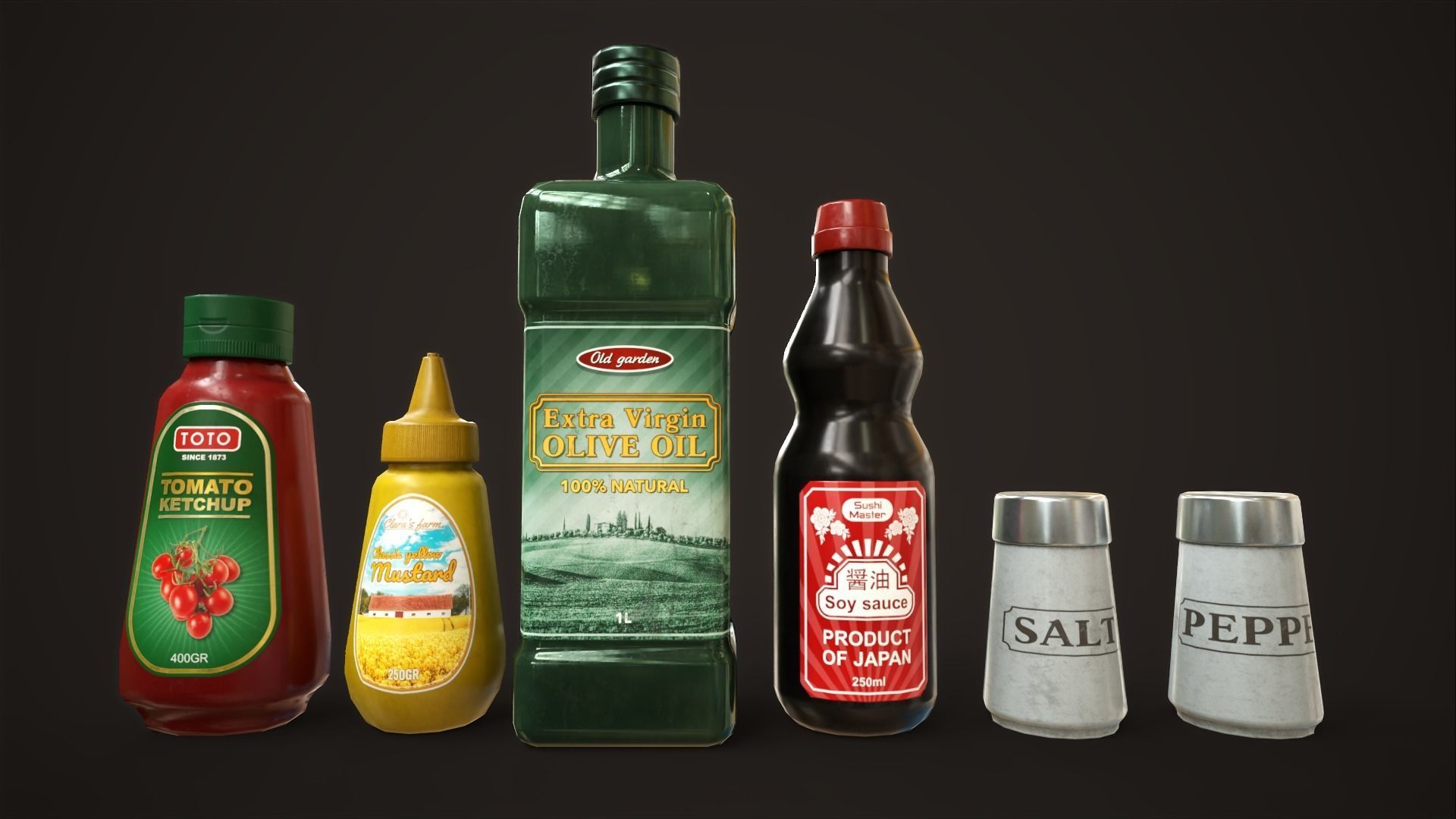 Grocery set ketchup mustard oil salt pepper soy sauce Low-poly 3D model_1