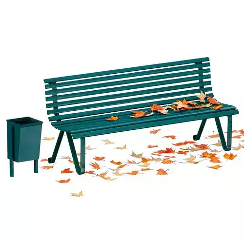 Park bench and autumn maple leaves 3D model