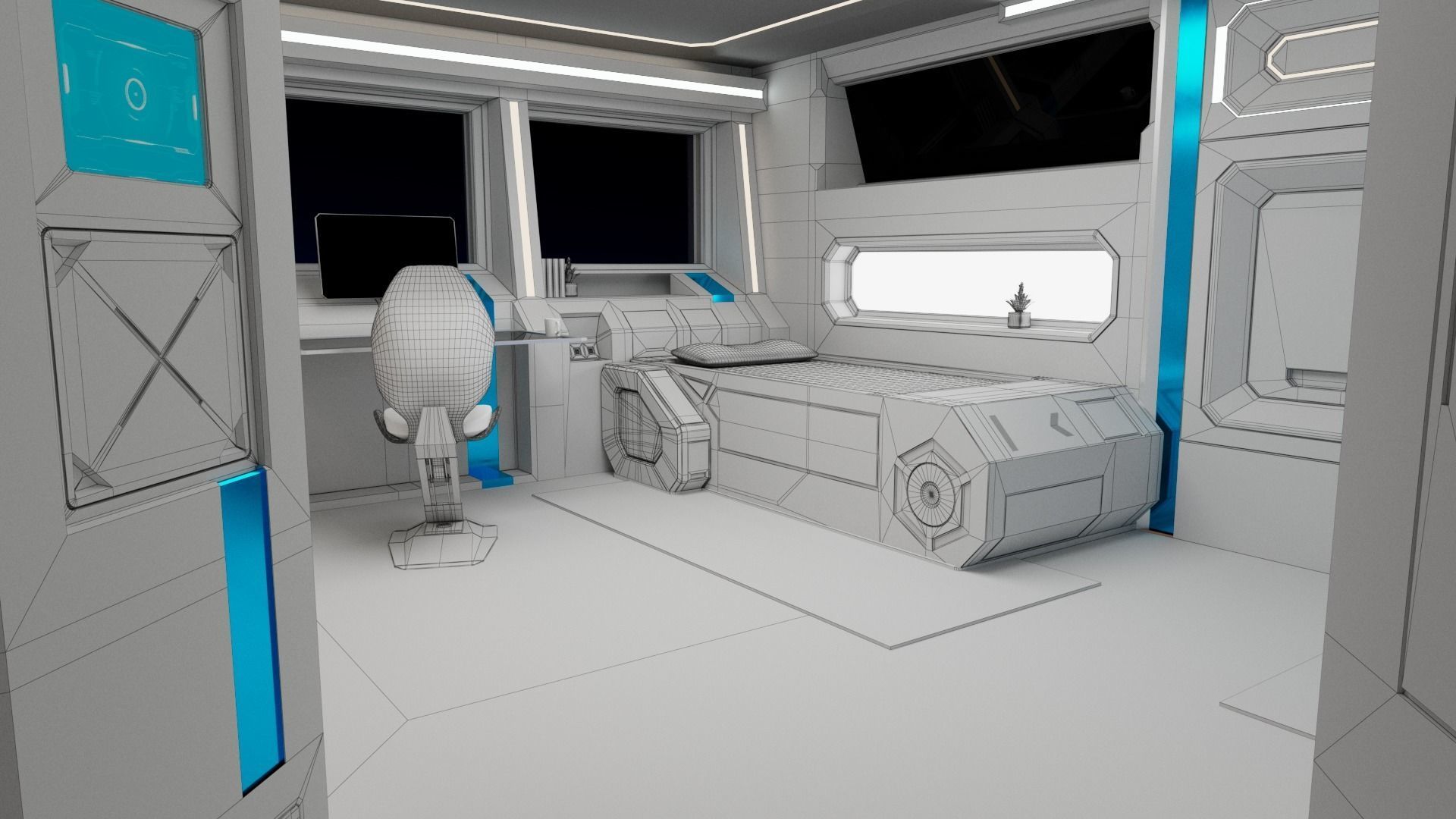 Modular SCI-FI Interior Serie B Bed-Room Model 2 Low-poly 3D model_7