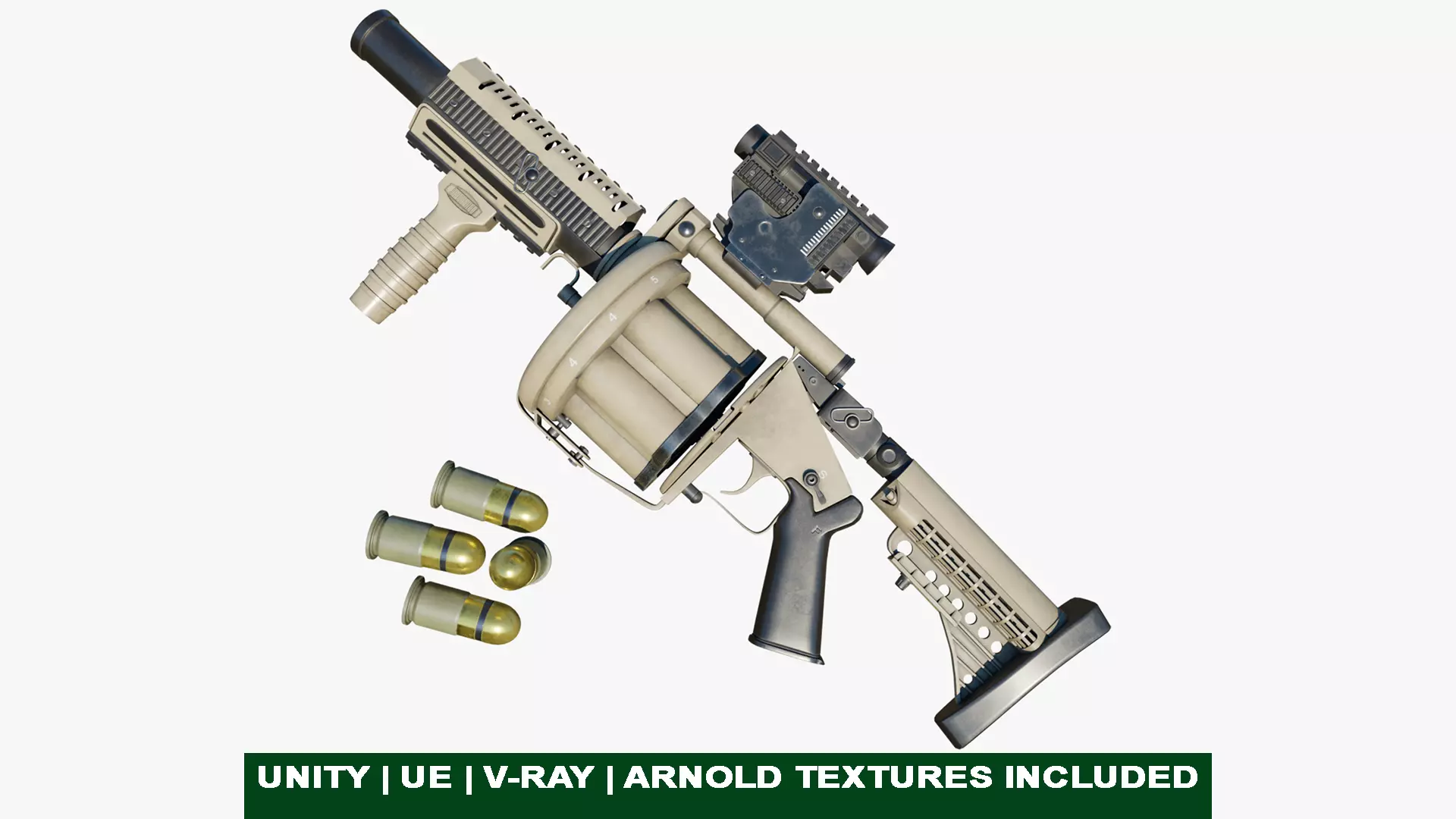 Grenade Launcher Gun All PBR Unity UE Textures Included Low-poly 3D model_0