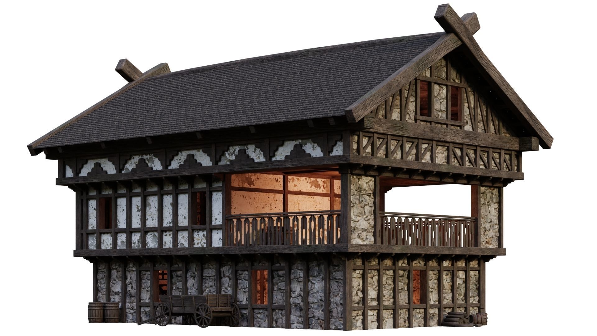 4 Old Medieval Building House Pack 4K Tex GameReady 49 to 52 Low-poly 3D model_45