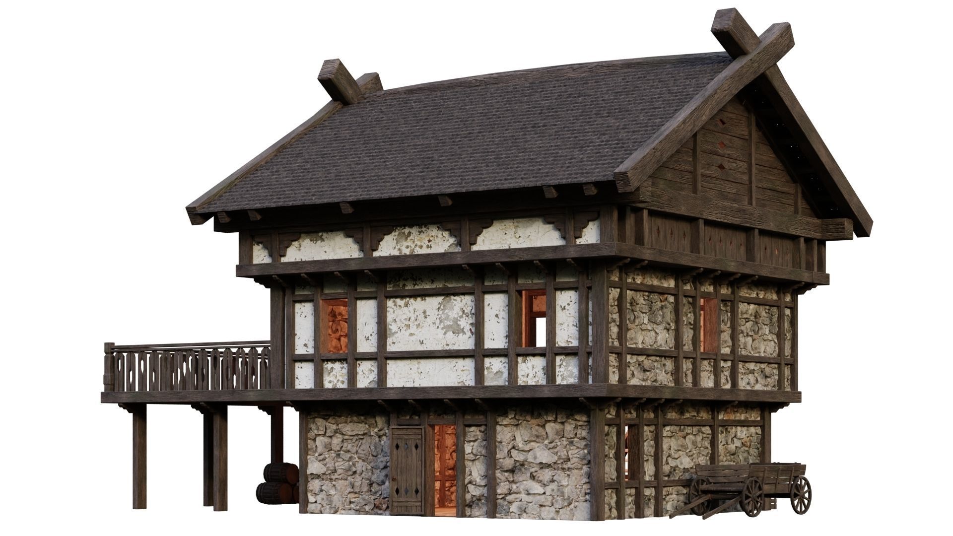 4 Old Medieval Building House Pack 4K Tex GameReady 49 to 52 Low-poly 3D model_36