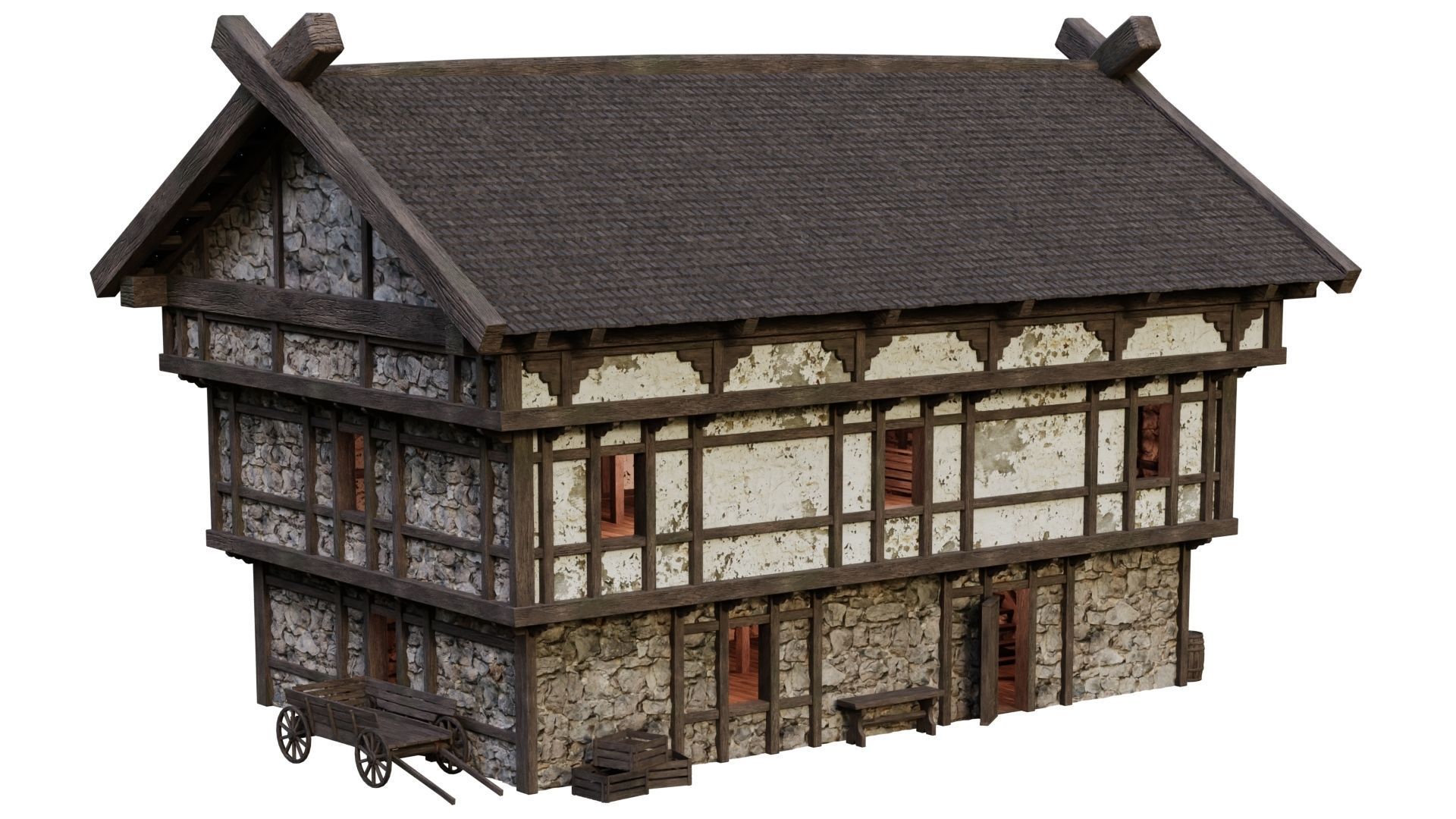 4 Old Medieval Building House Pack 4K Tex GameReady 49 to 52 Low-poly 3D model_16