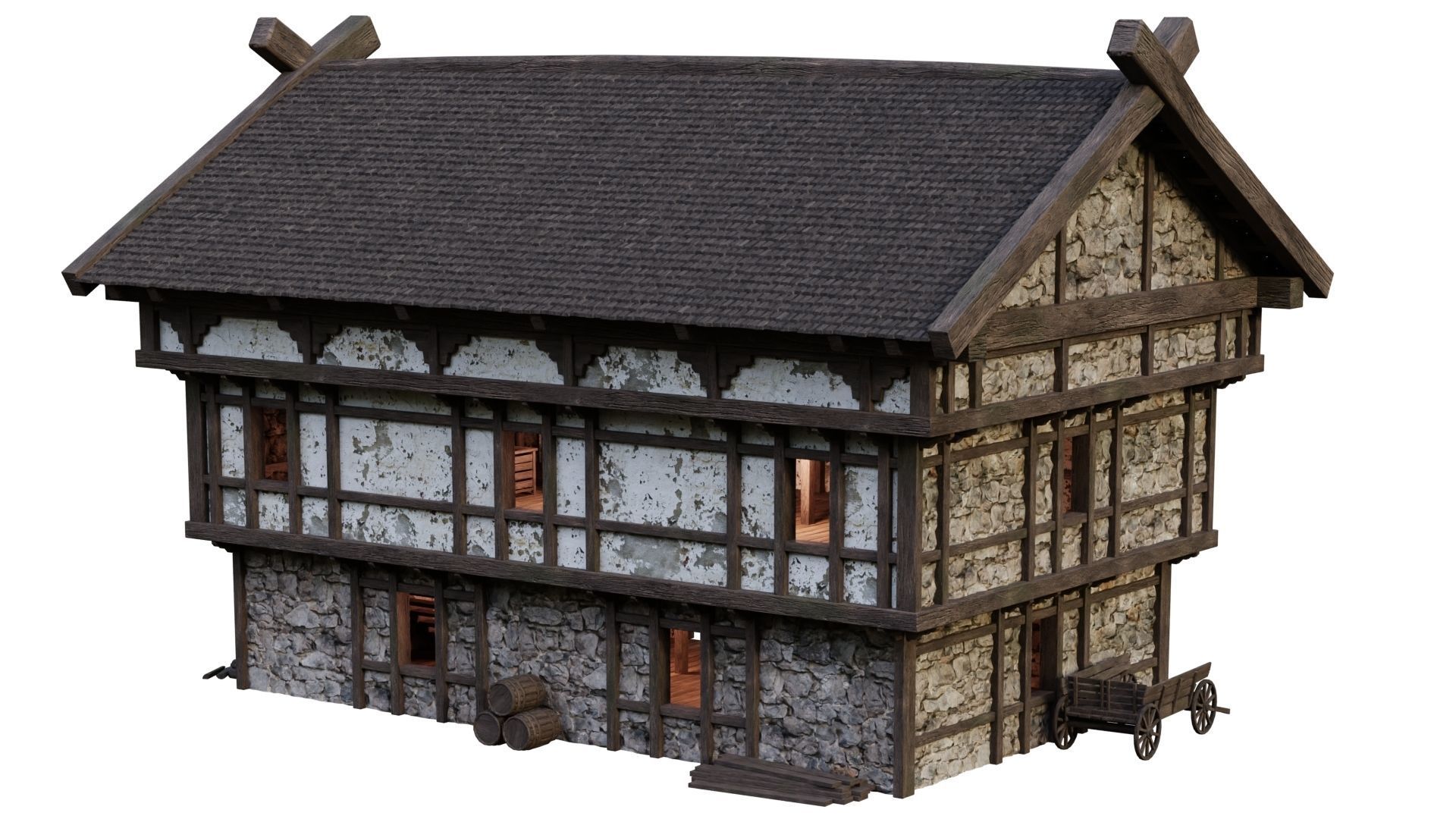 4 Old Medieval Building House Pack 4K Tex GameReady 49 to 52 Low-poly 3D model_17