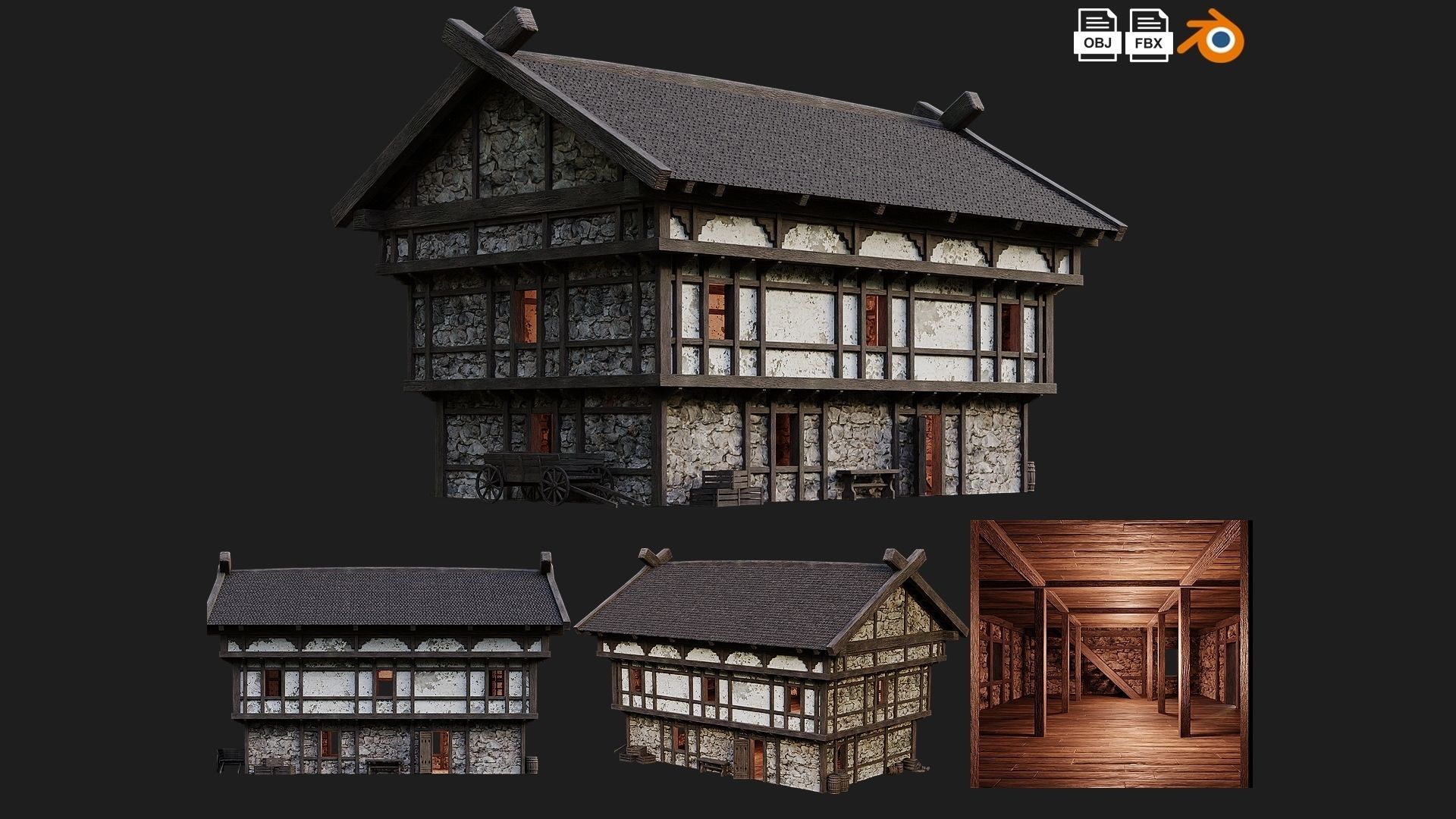 4 Old Medieval Building House Pack 4K Tex GameReady 49 to 52 Low-poly 3D model_1