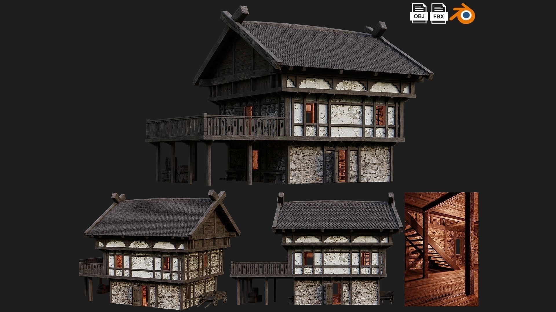 4 Old Medieval Building House Pack 4K Tex GameReady 49 to 52 Low-poly 3D model_3