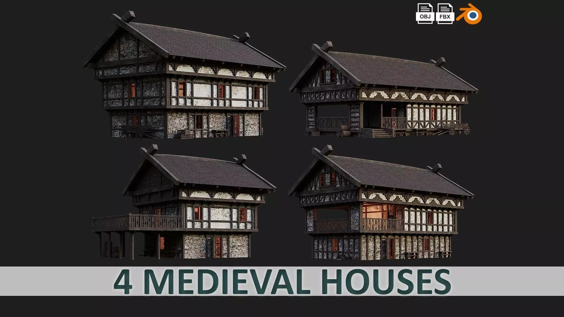 4 Old Medieval Building House Pack 4K Tex GameReady 49 to 52 Low-poly 3D model_0