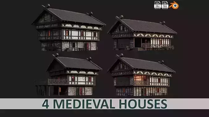 4 Old Medieval Building House Pack 4K Tex GameReady 49 to 52