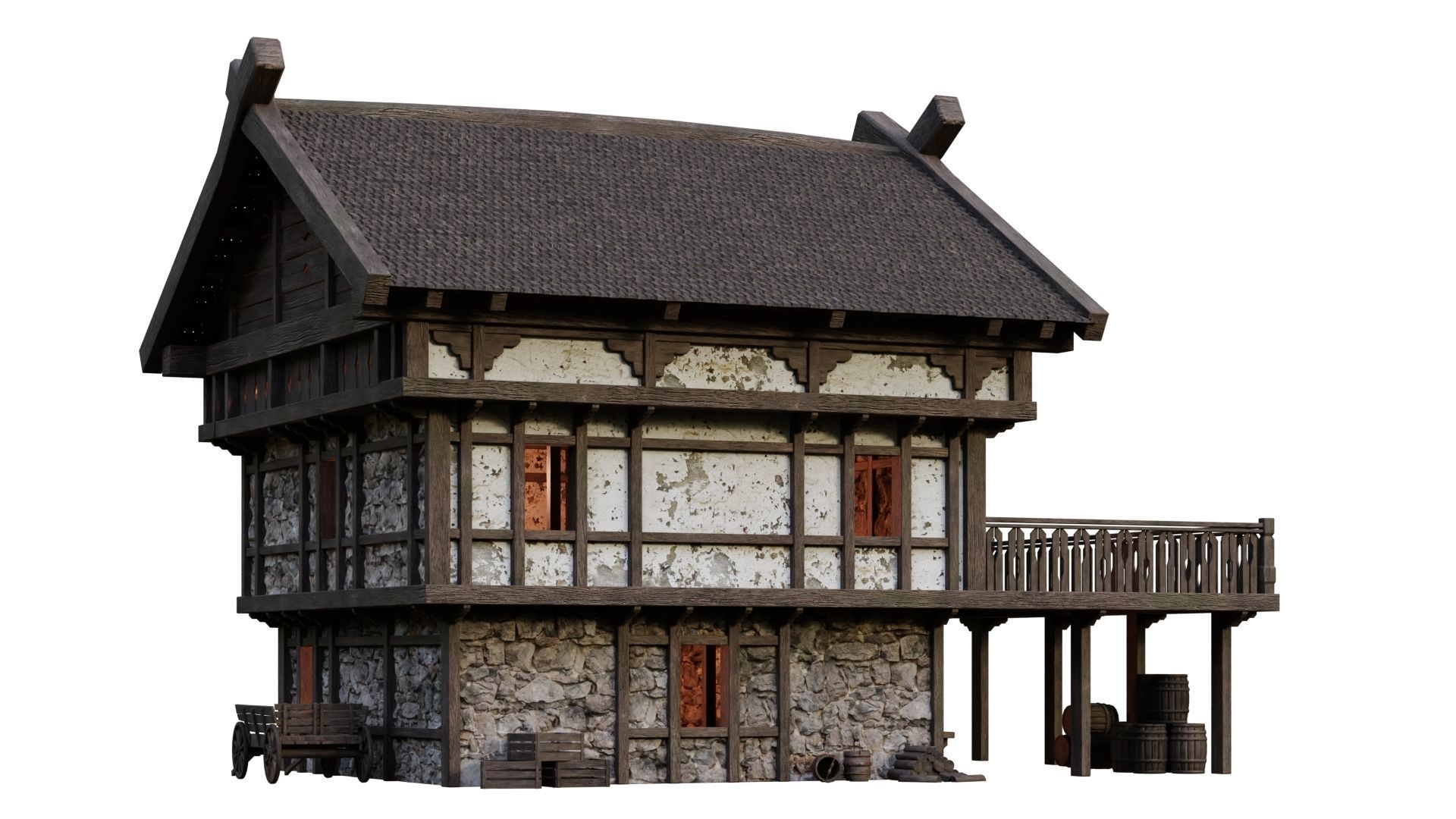 4 Old Medieval Building House Pack 4K Tex GameReady 49 to 52 Low-poly 3D model_35