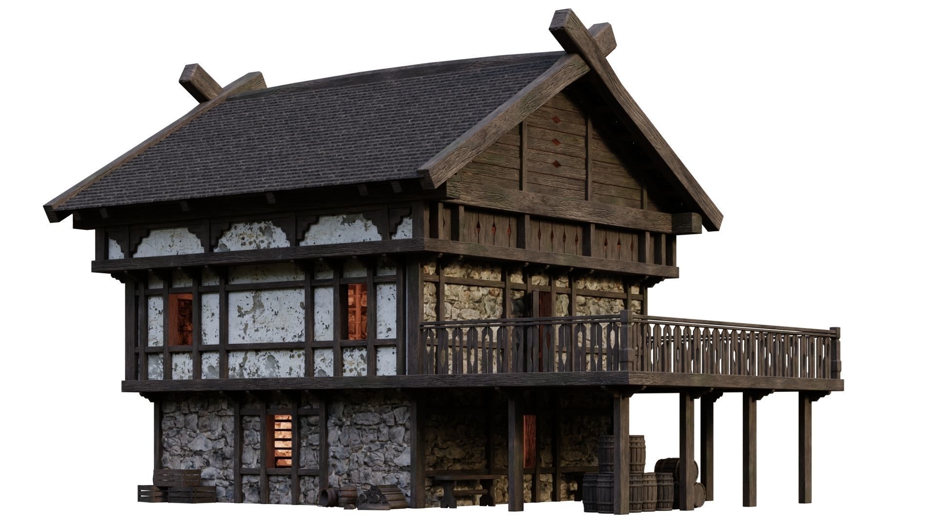 4 Old Medieval Building House Pack 4K Tex GameReady 49 to 52 Low-poly 3D model_34
