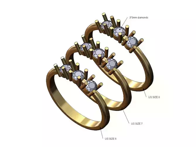 Pinched 3 diamonds band US sizes 6 7 8