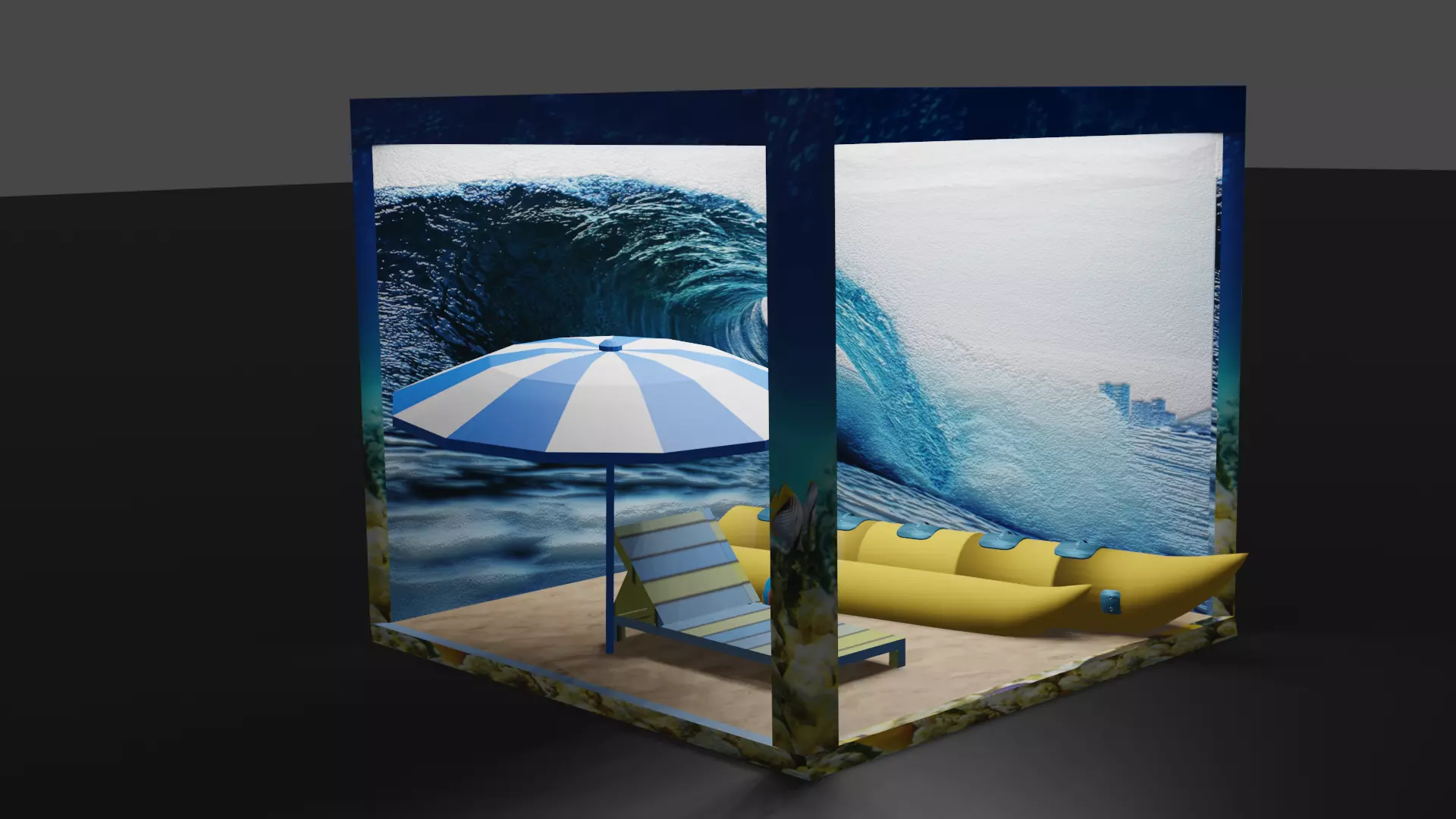 Beach scene added with banana boat ball and chair Free 3D model_0