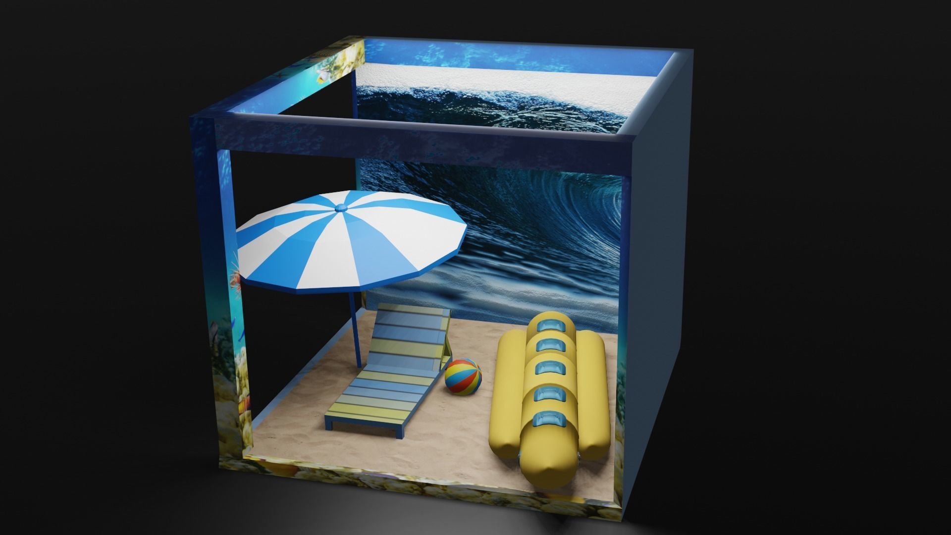 Beach scene added with banana boat ball and chair Free 3D model_1