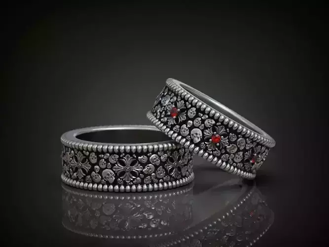 Couple rings promise bands skulls ruby biker 